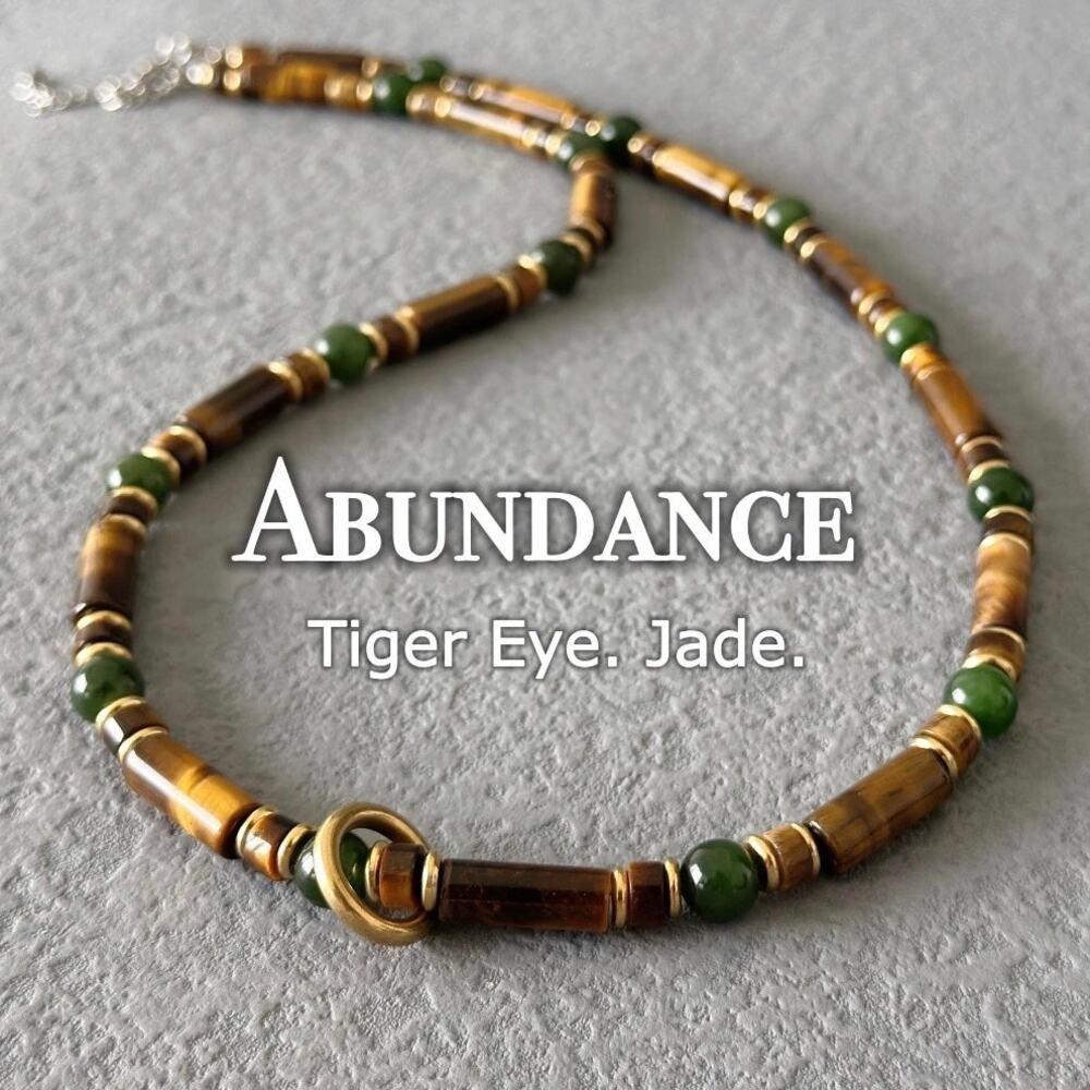 Mens Abundance Crystal Necklace Tigers Eye & Jade Stones Brass Ring